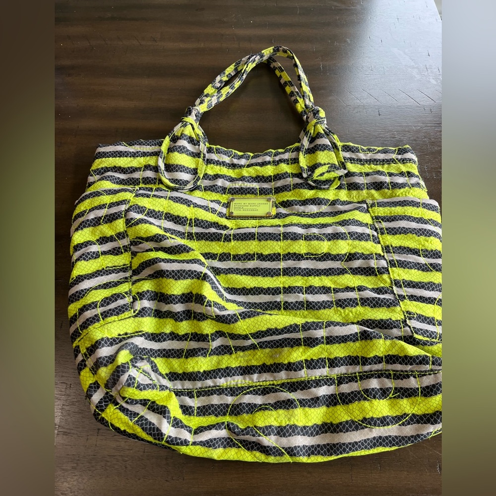 Marc Jacobs Bright Green and Black Striped Tote - Well Loved